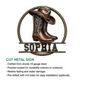 Cowgirl boot metal sign shown with a cut-metal design and installation feature details