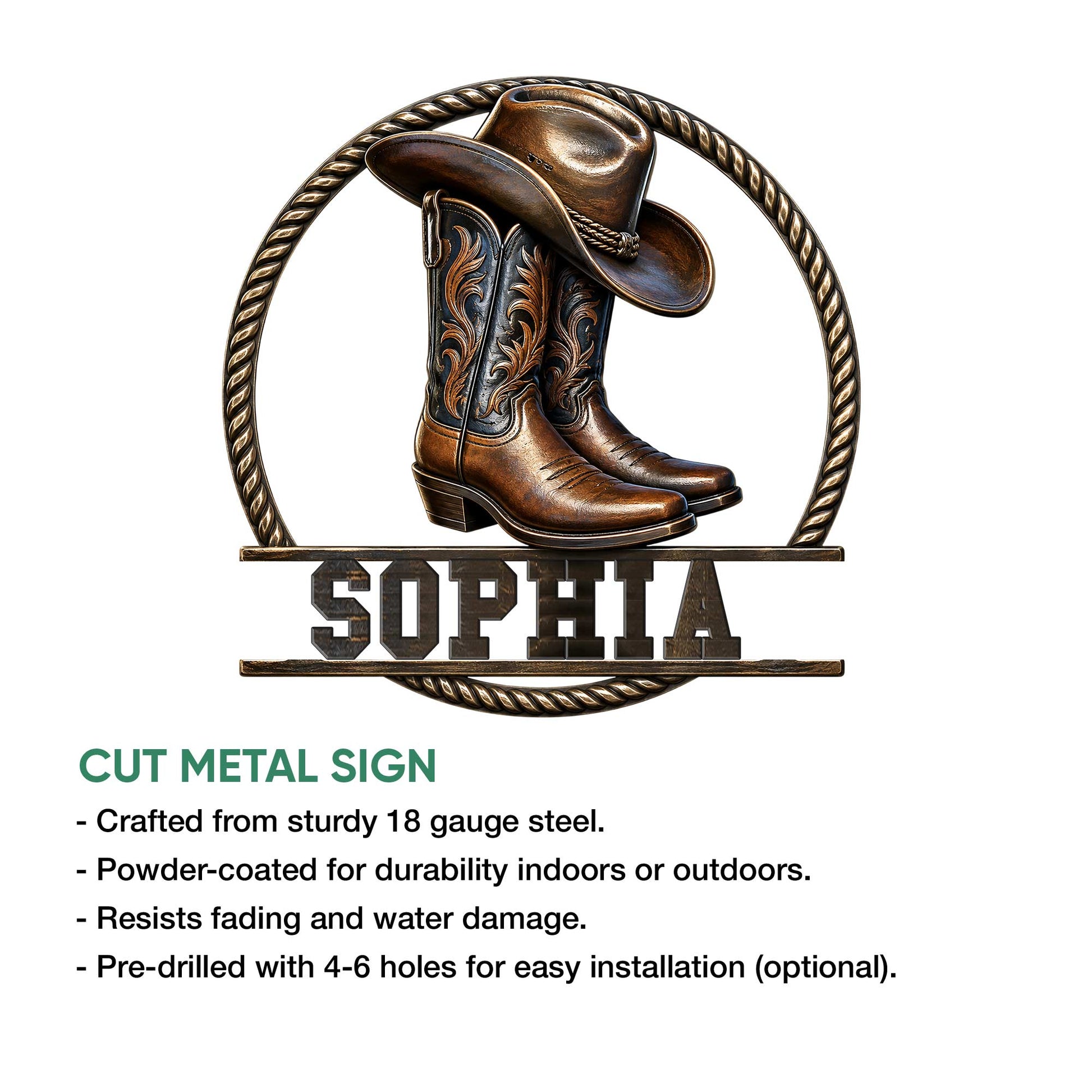 Cowgirl boot metal sign shown with a cut-metal design and installation feature details