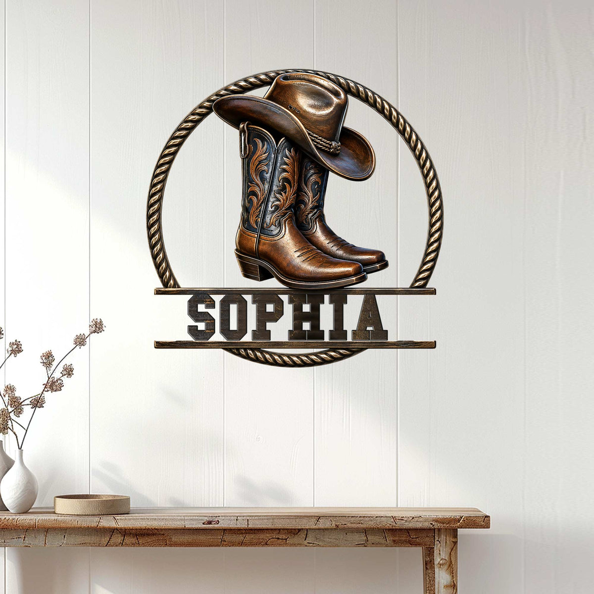 Western cowgirl boot sign displayed on a white paneled wall above a rustic console table