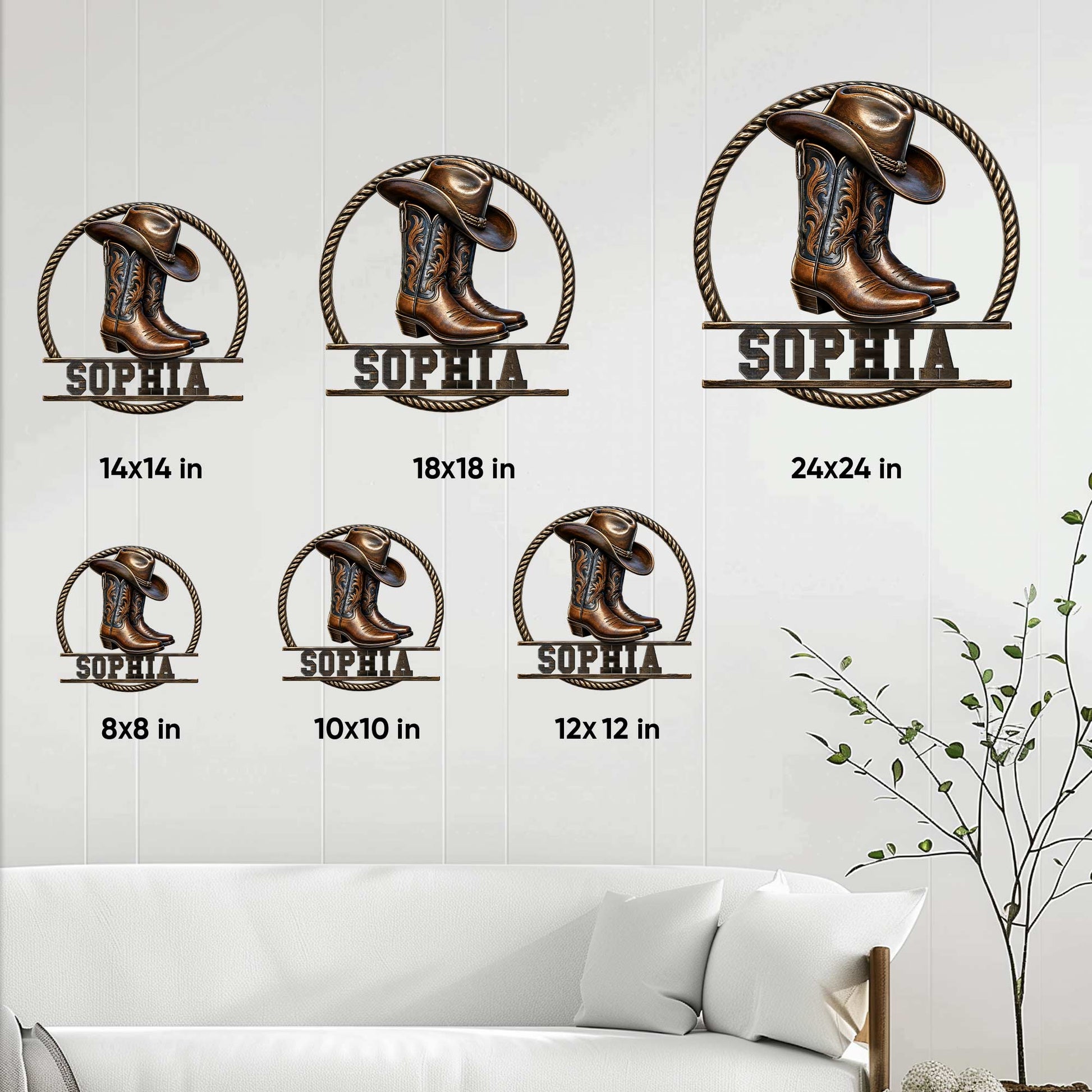 Cowgirl metal sign size guide showing the western boot design in multiple square size options