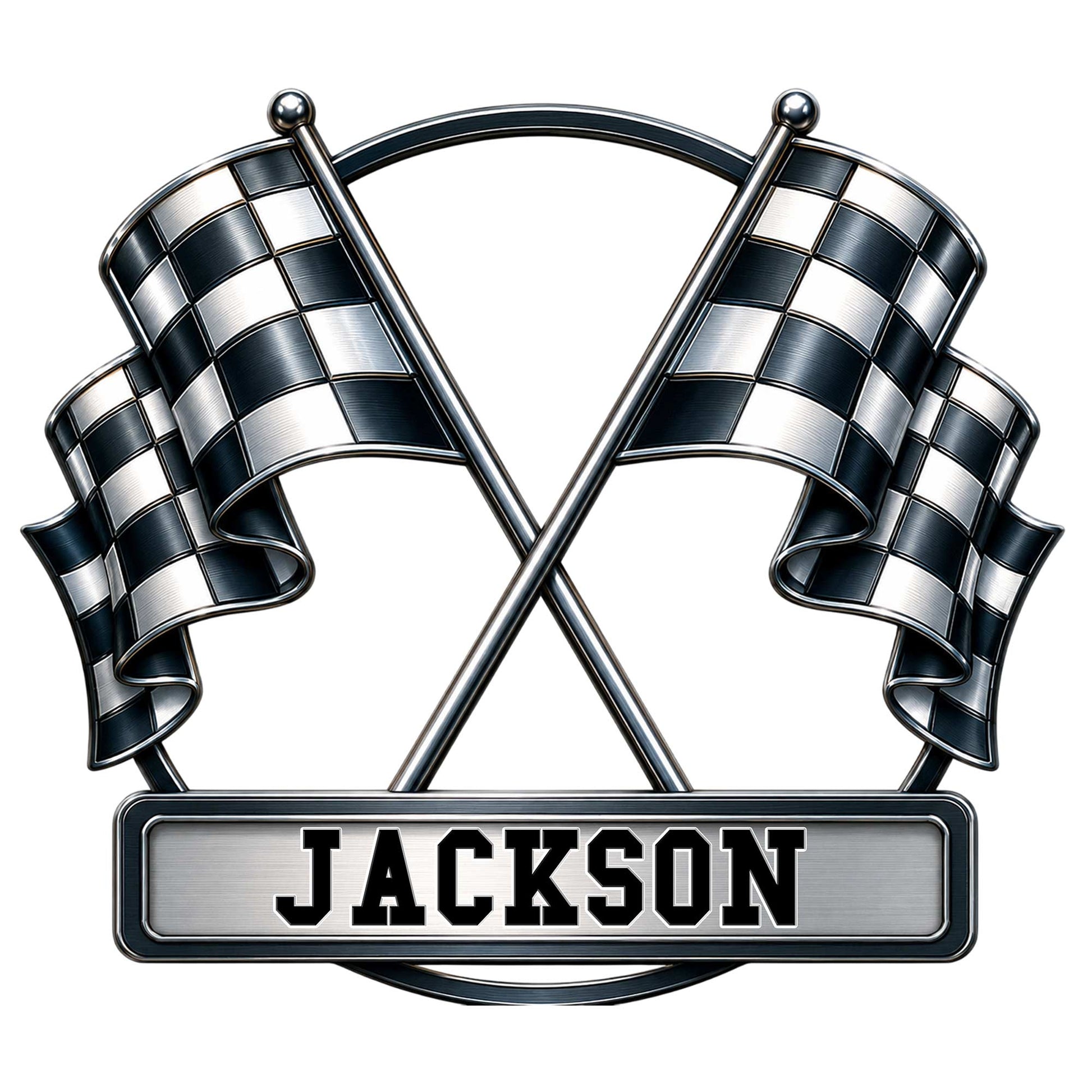 Custom racing metal sign featuring crossed black and white checkered flags in a bold motorsport design