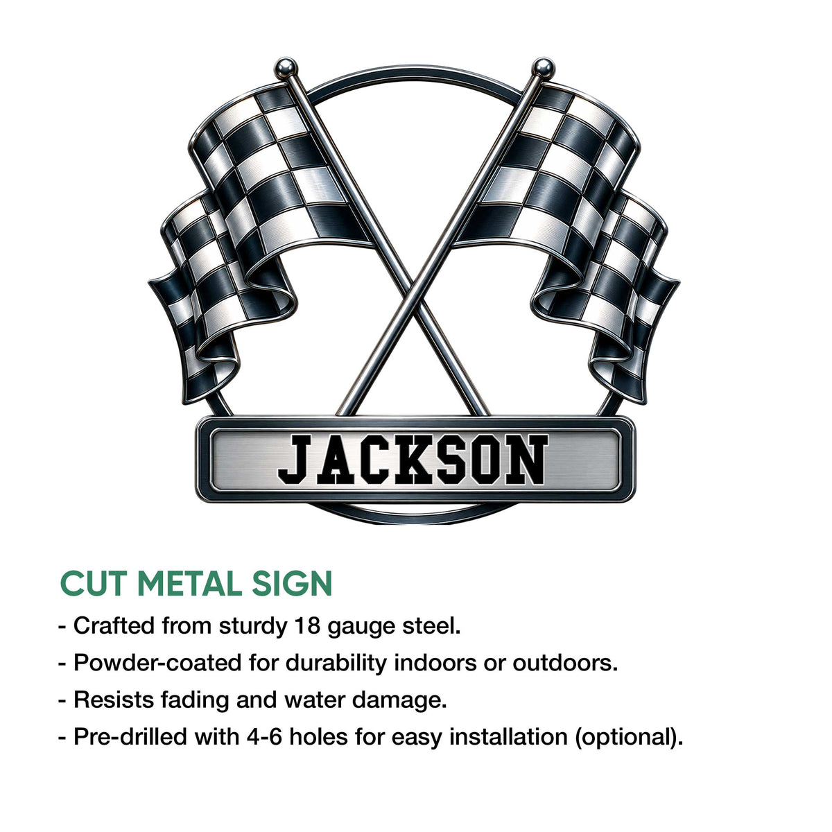 Racing metal sign with crossed checkered flags shown alongside product feature information