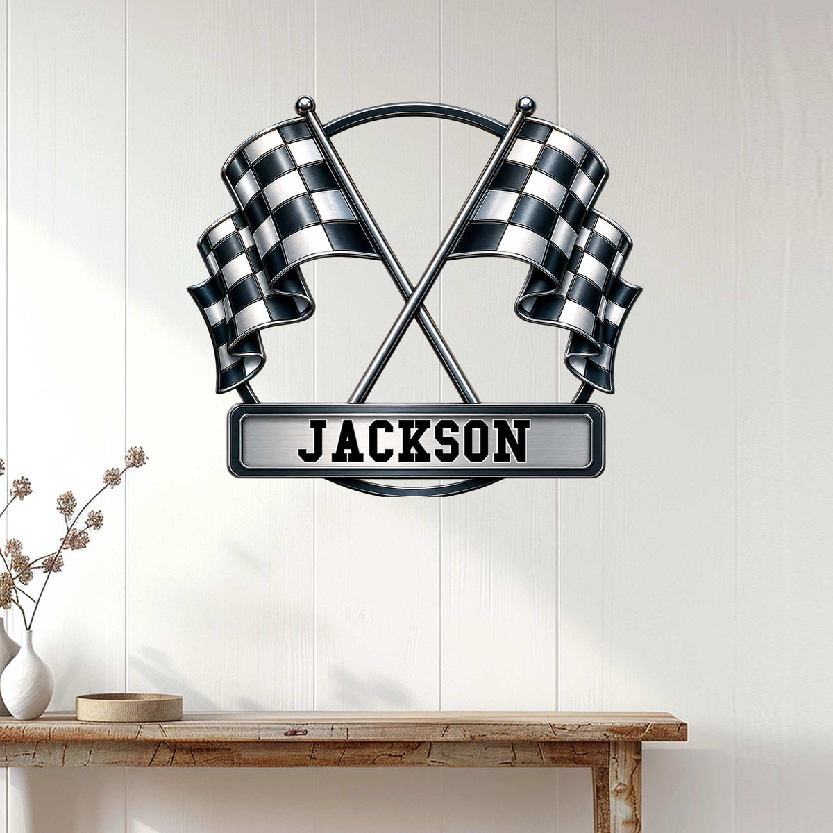 Checkered flag racing wall sign displayed above a console table in a bright home interior