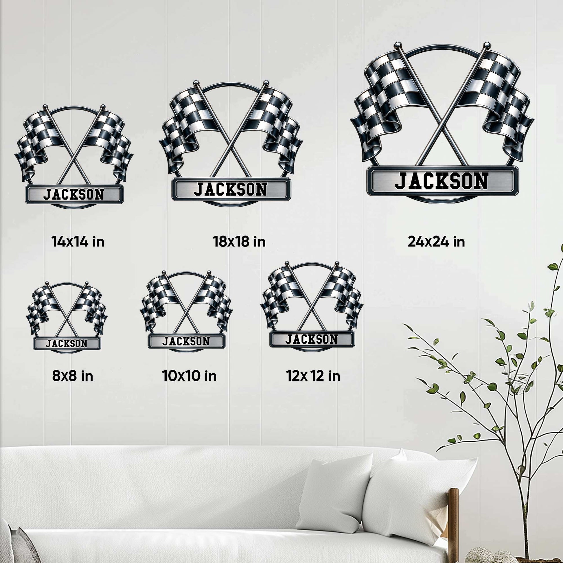 Racing metal sign size guide showing multiple square size options for wall display