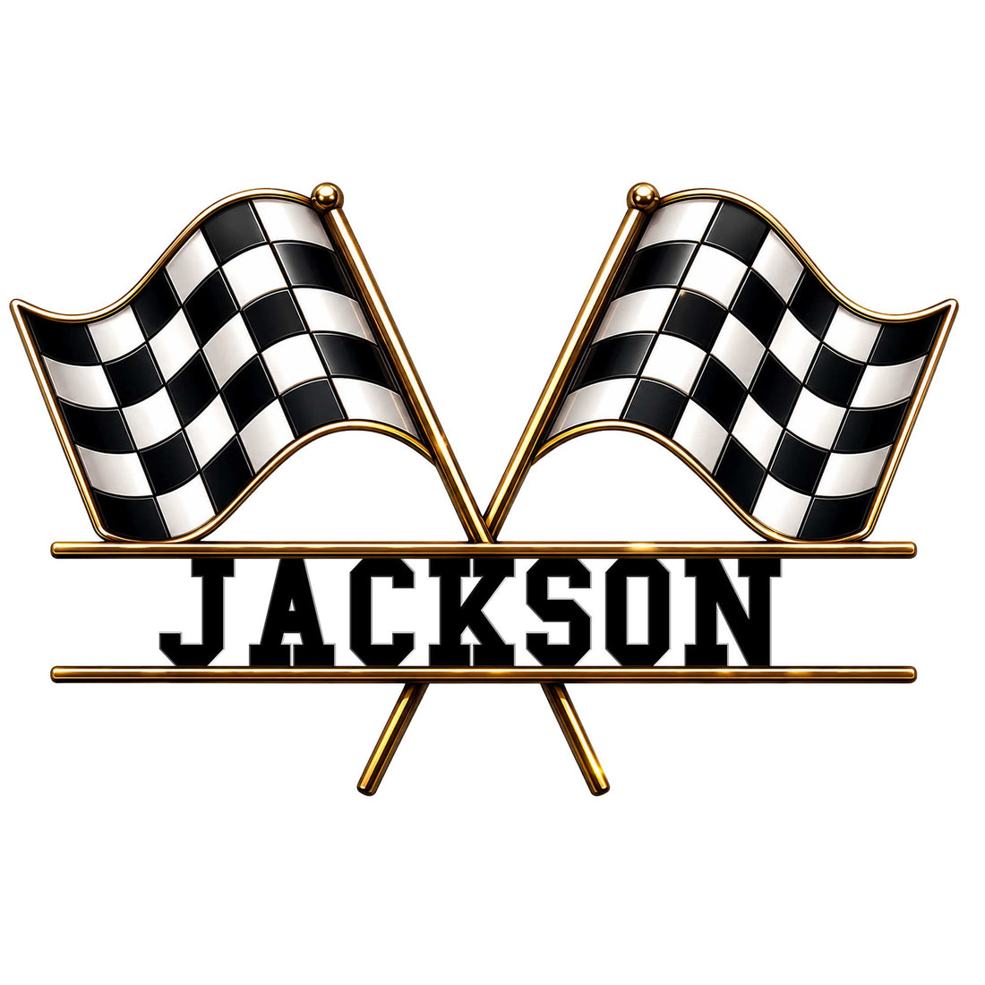 Custom racing metal sign featuring crossed black and white checkered flags with a bold central name design