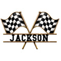 Custom racing metal sign featuring crossed black and white checkered flags with a bold central name design