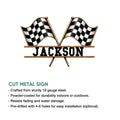 Racing checkered flag metal sign shown in a product feature graphic with cut metal sign details