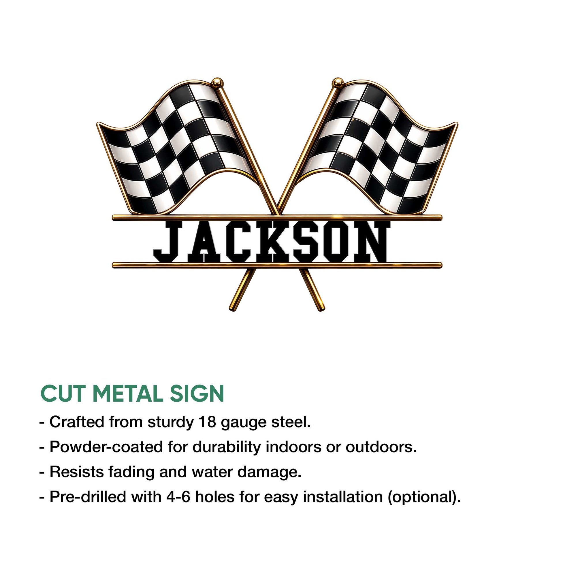 Racing checkered flag metal sign shown in a product feature graphic with cut metal sign details