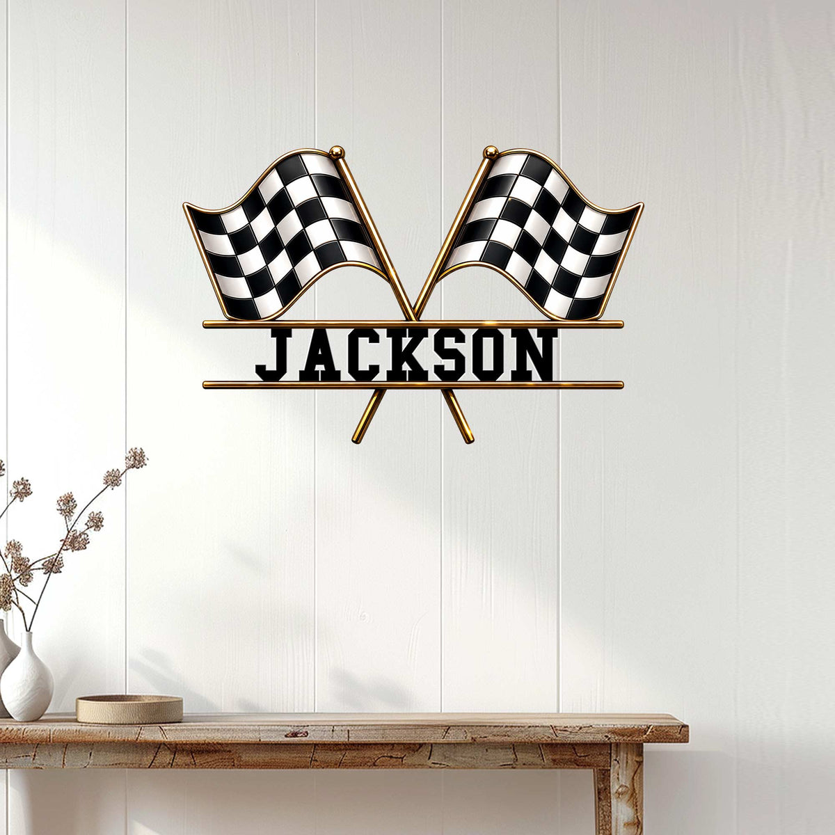 Checkered flag racing metal sign displayed on a bright wood-paneled wall above a console table