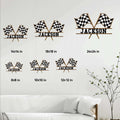 Racing metal sign size guide showing crossed checkered flags in six available square dimensions