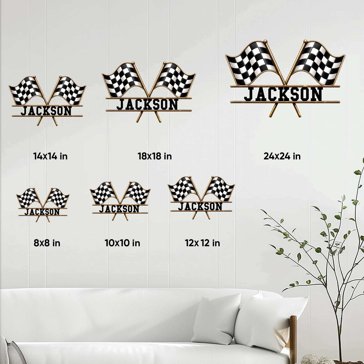 Racing metal sign size guide showing crossed checkered flags in six available square dimensions