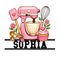 Baking metal sign featuring a pink stand mixer, whisk, spatula, measuring spoons, flowers, and cupcake