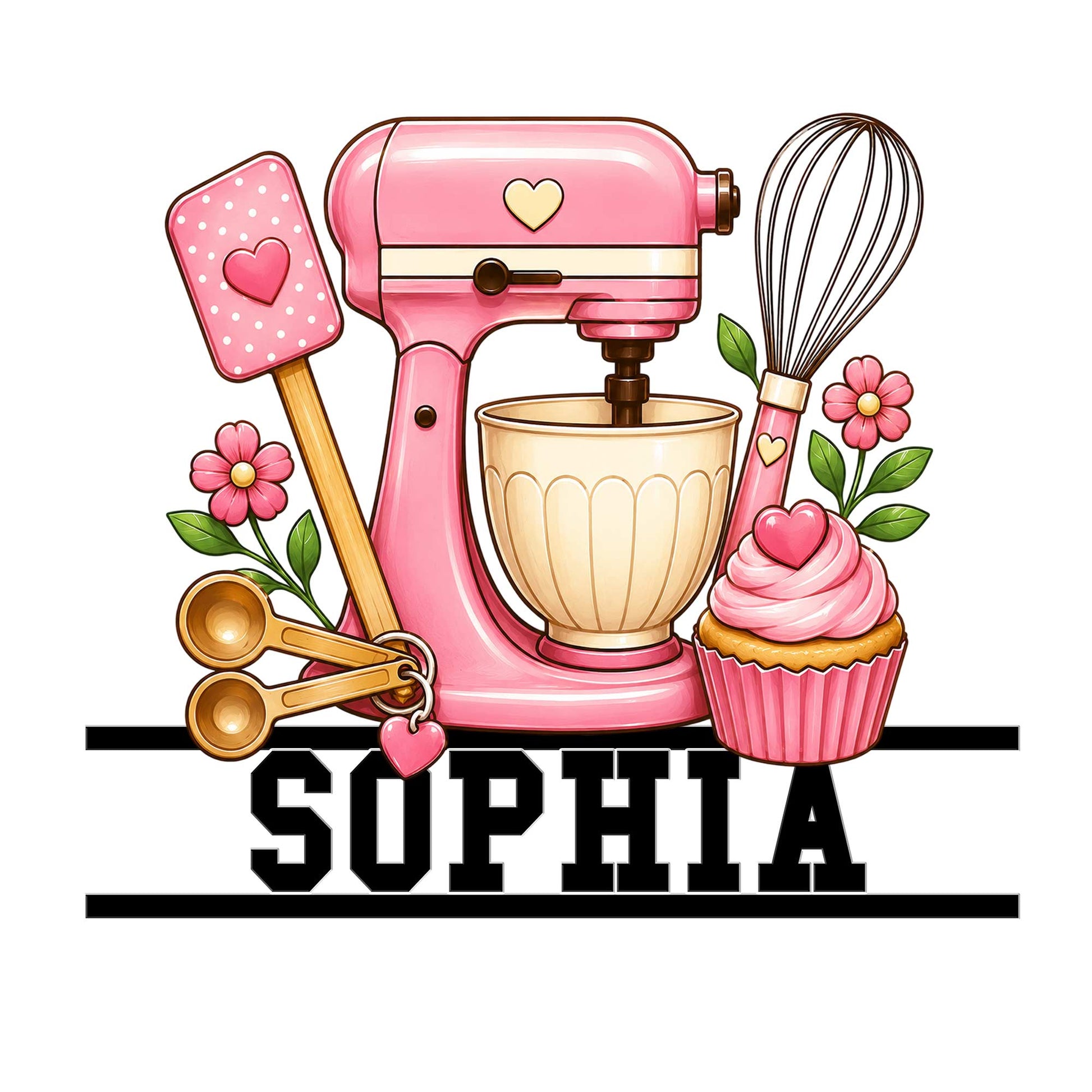 Baking metal sign featuring a pink stand mixer, whisk, spatula, measuring spoons, flowers, and cupcake