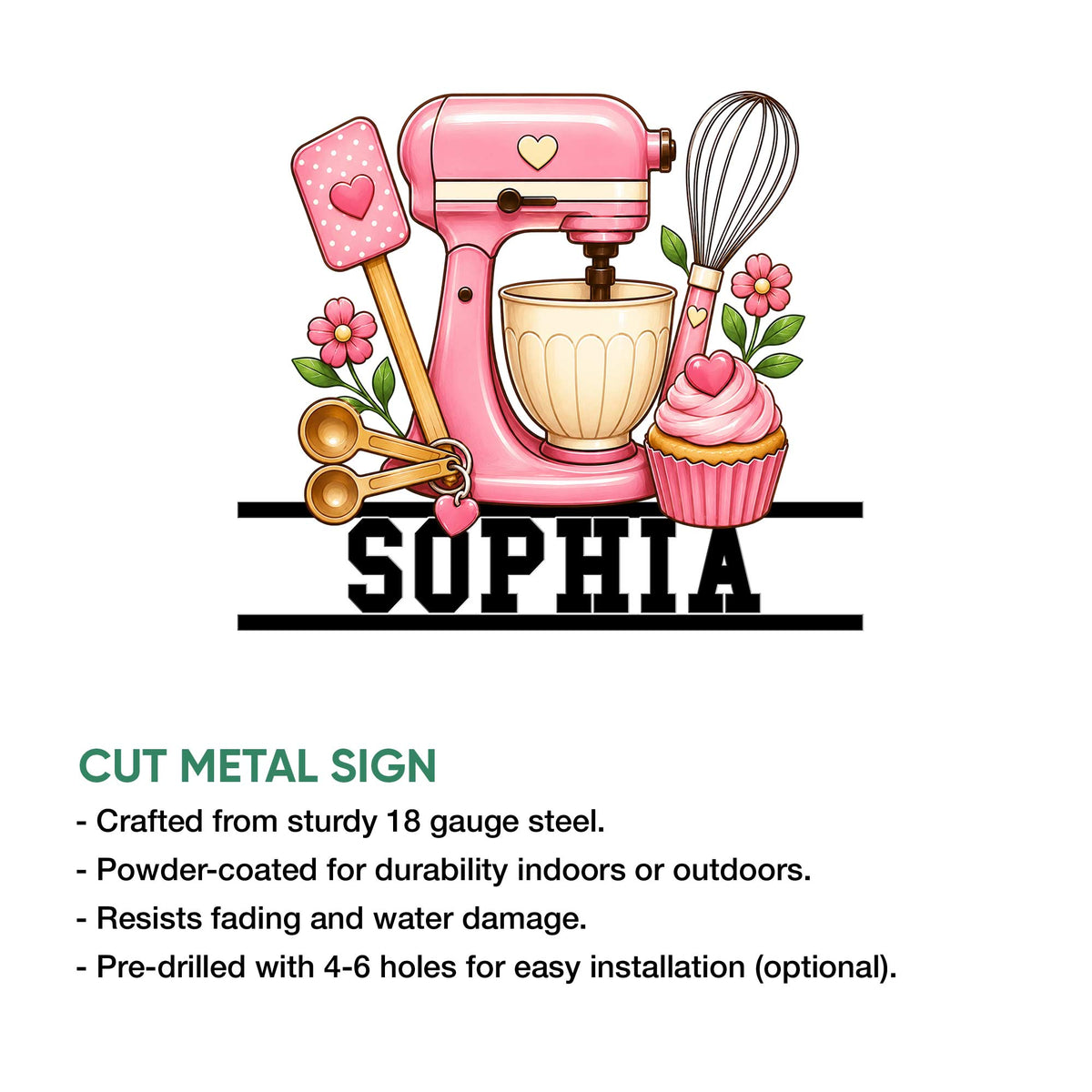 Cut metal baking sign showcasing a pink mixer, baking tools, floral accents, and a frosted cupcake