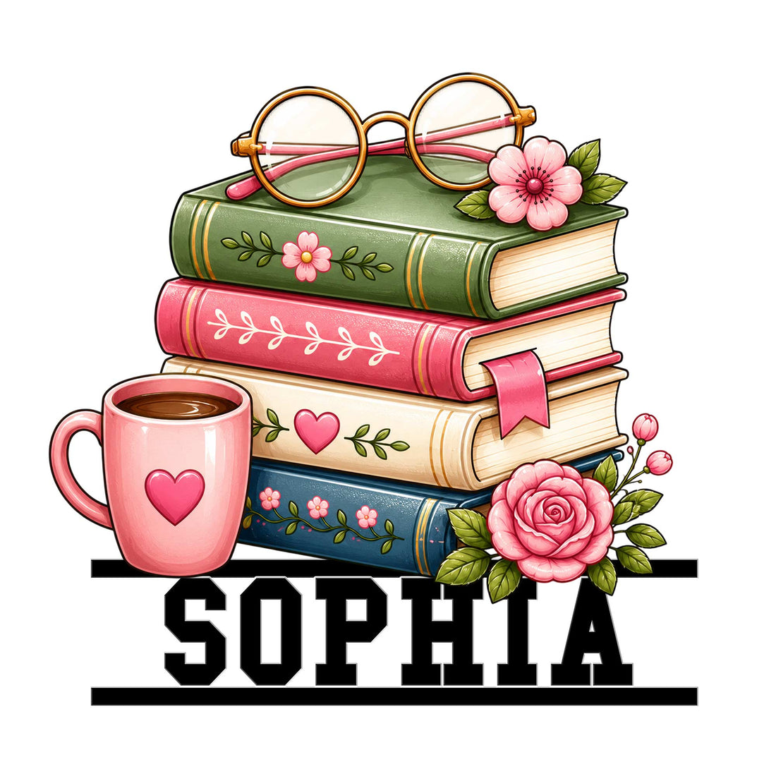 Book Lover Metal Sign with Stacked Books, Glasses, Coffee, and Floral Details