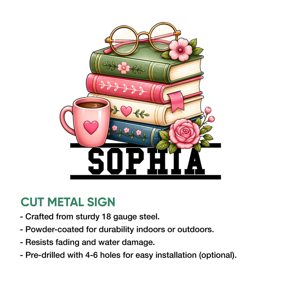 Book Lover Metal Sign Feature Showing Colorful Books, a Coffee Mug, Glasses, and Roses