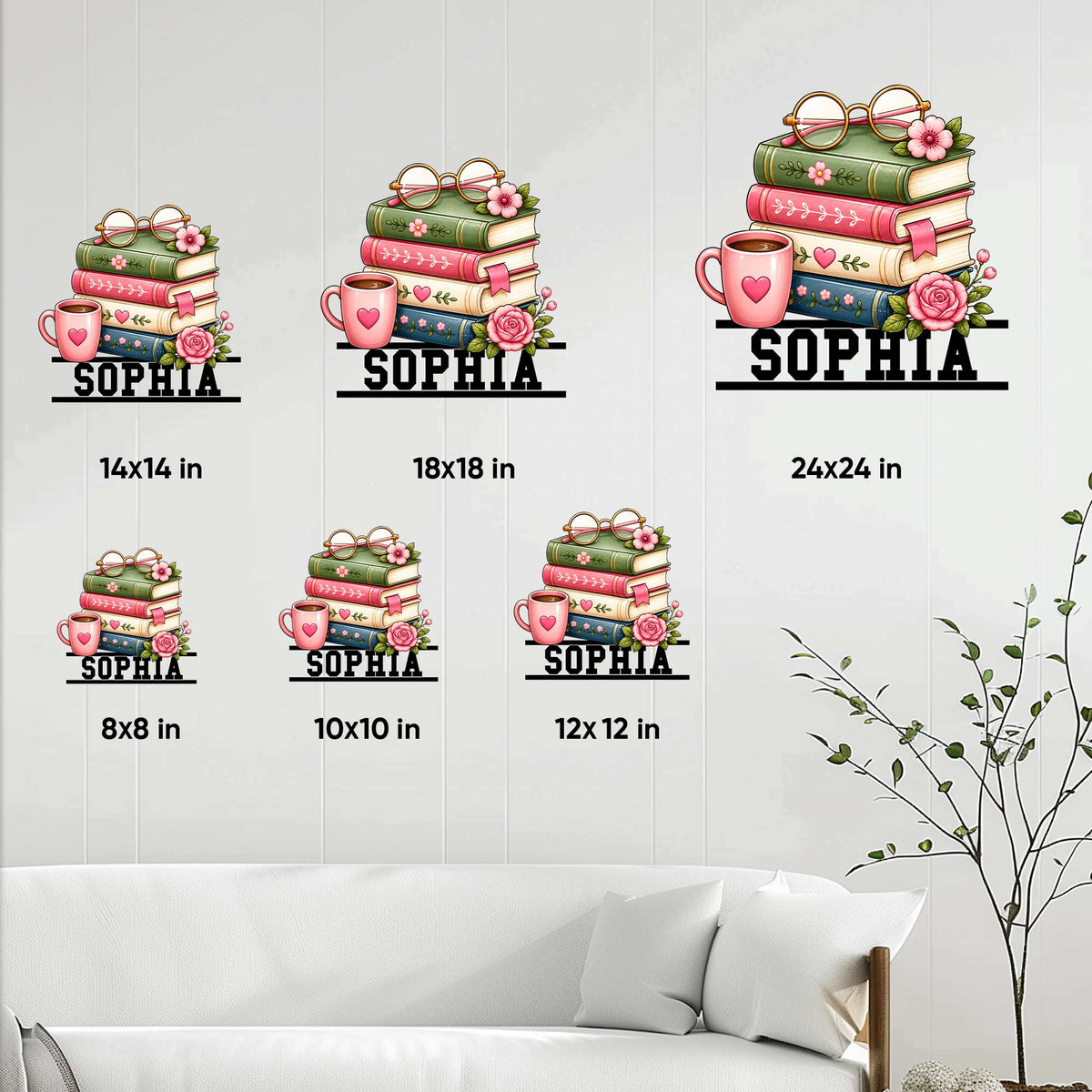 Book Lover Metal Sign Size Guide Showing Multiple Square Size Options on a Living Room Wall