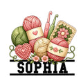 Crochet metal sign featuring colorful yarn balls, crochet hooks, flowers, and a bold lower title
