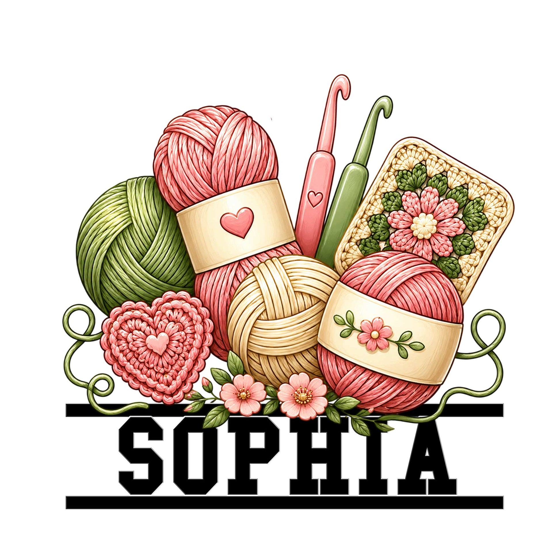 Crochet metal sign featuring colorful yarn balls, crochet hooks, flowers, and a bold lower title