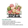 Crochet metal sign product graphic showing yarn and hook artwork with cut steel sign features