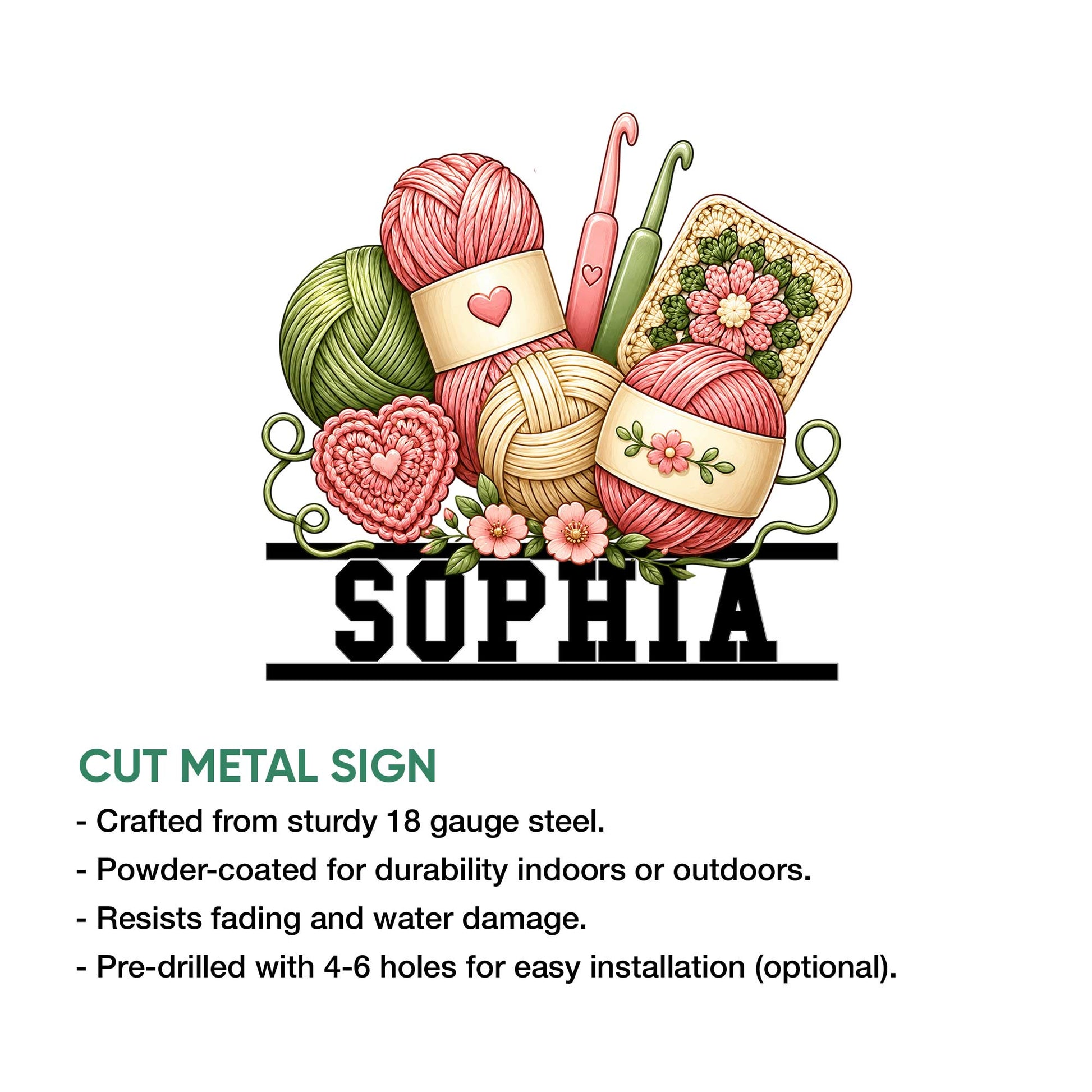 Crochet metal sign product graphic showing yarn and hook artwork with cut steel sign features