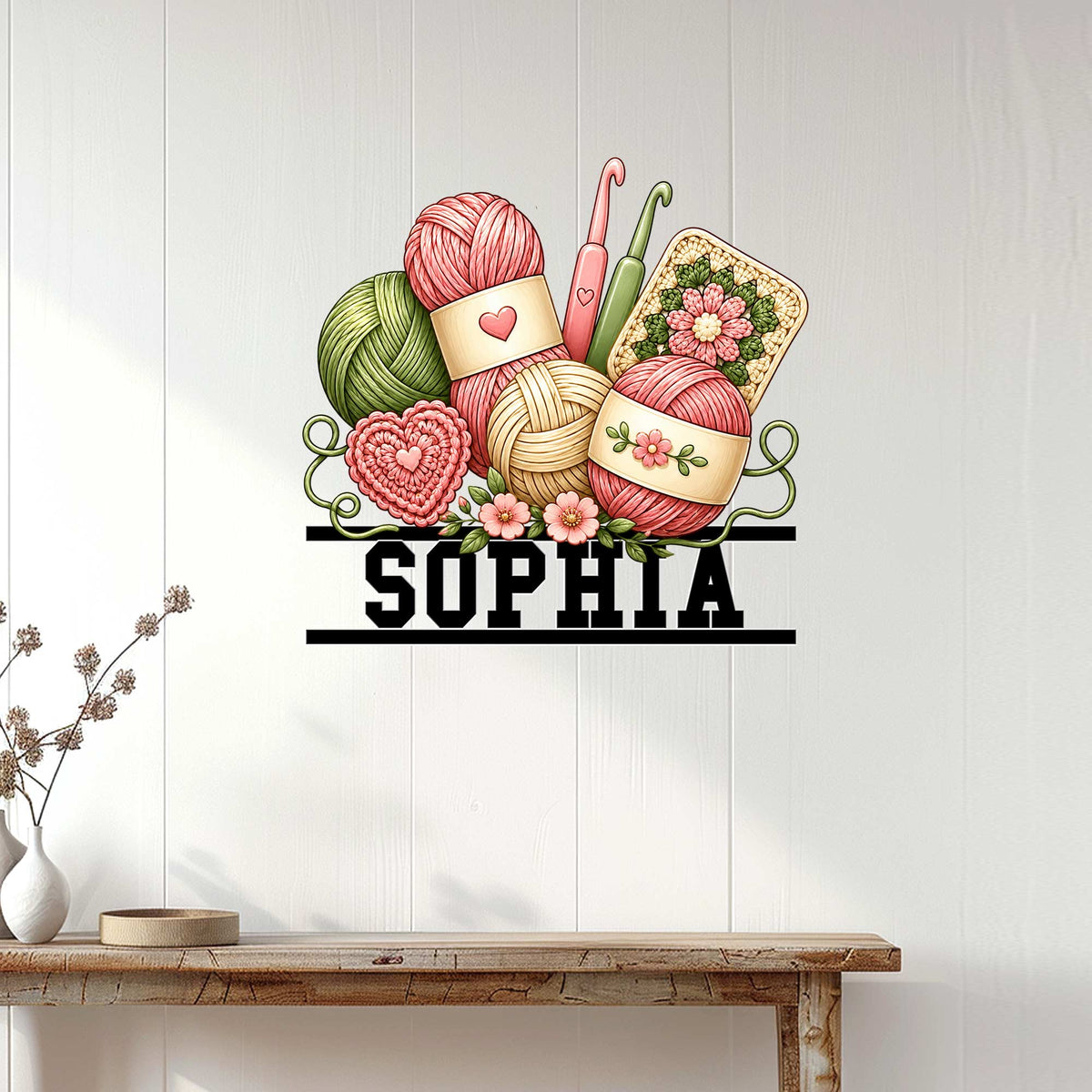 Crochet wall decor displayed on a light wood-paneled wall above a console table