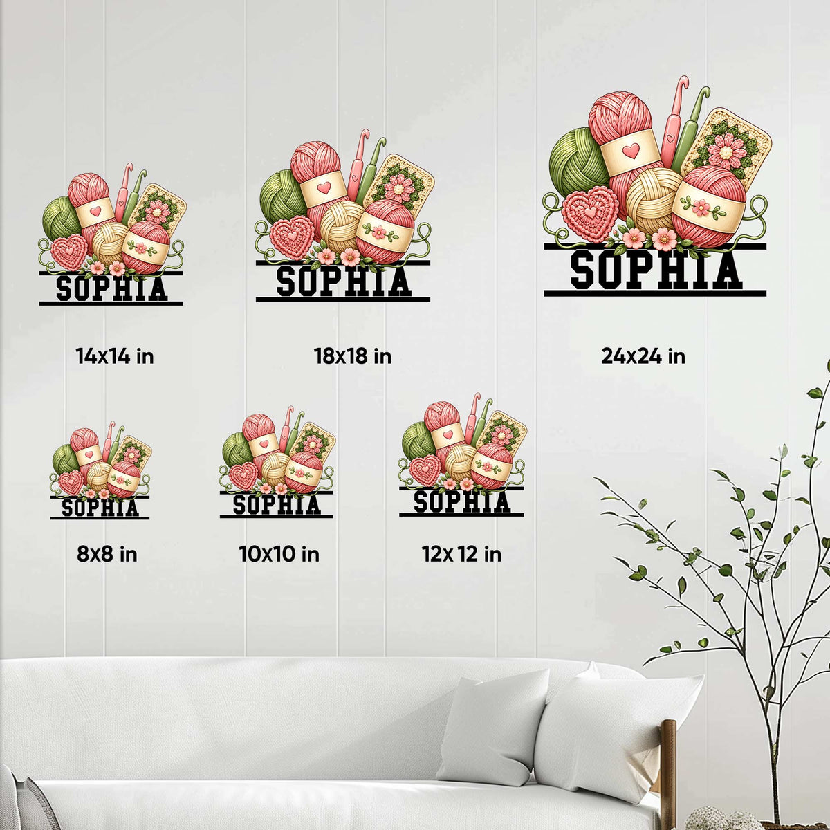 Crochet metal sign size guide showing six available sizes from 8x8 to 24x24 inches