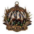 Detailed duck hunting metal sign featuring mallard ducks, cattails, feathers, and a rustic decorative plaque