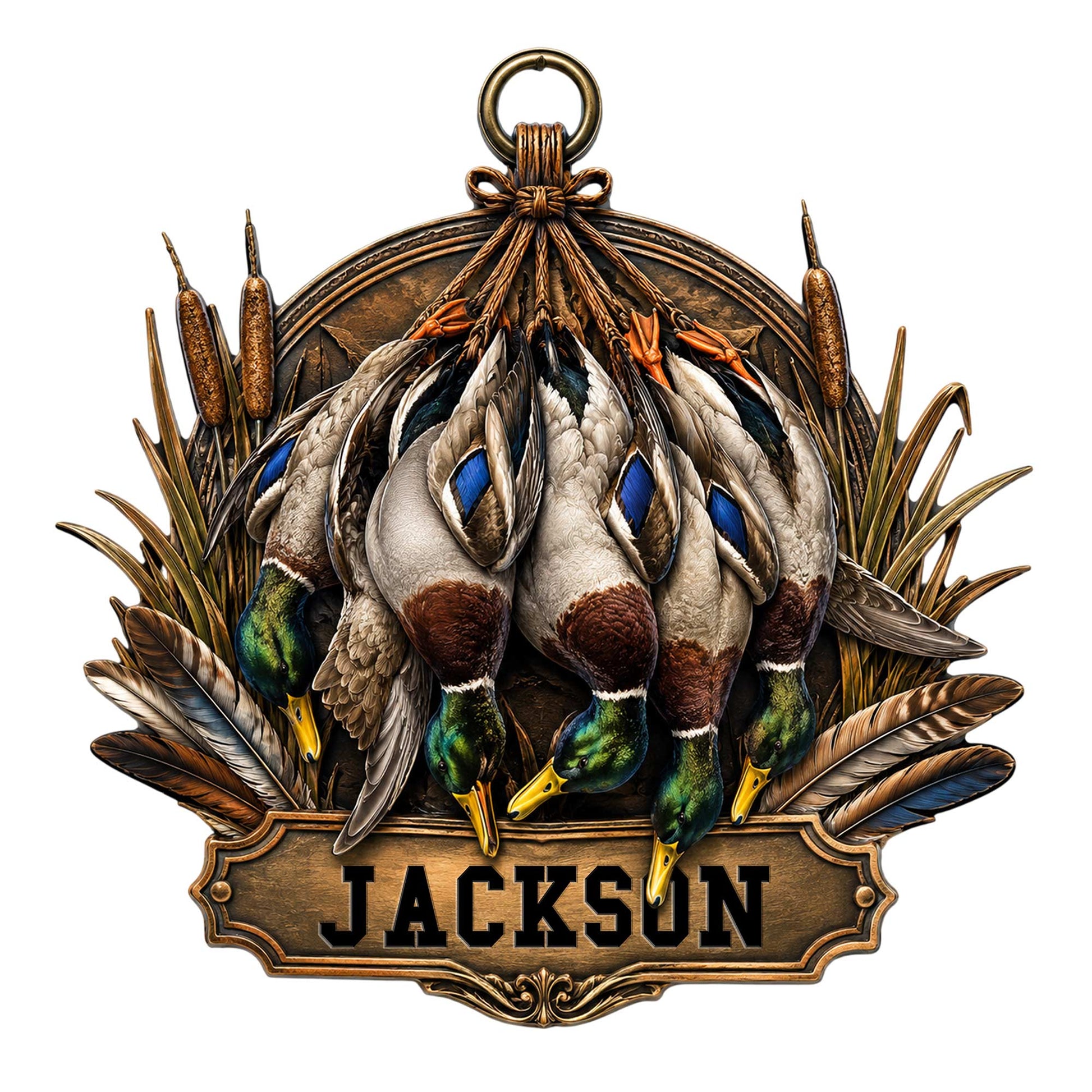 Detailed duck hunting metal sign featuring mallard ducks, cattails, feathers, and a rustic decorative plaque