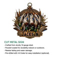 Duck hunting cut metal sign shown with its detailed mallard artwork and hanging wall display design