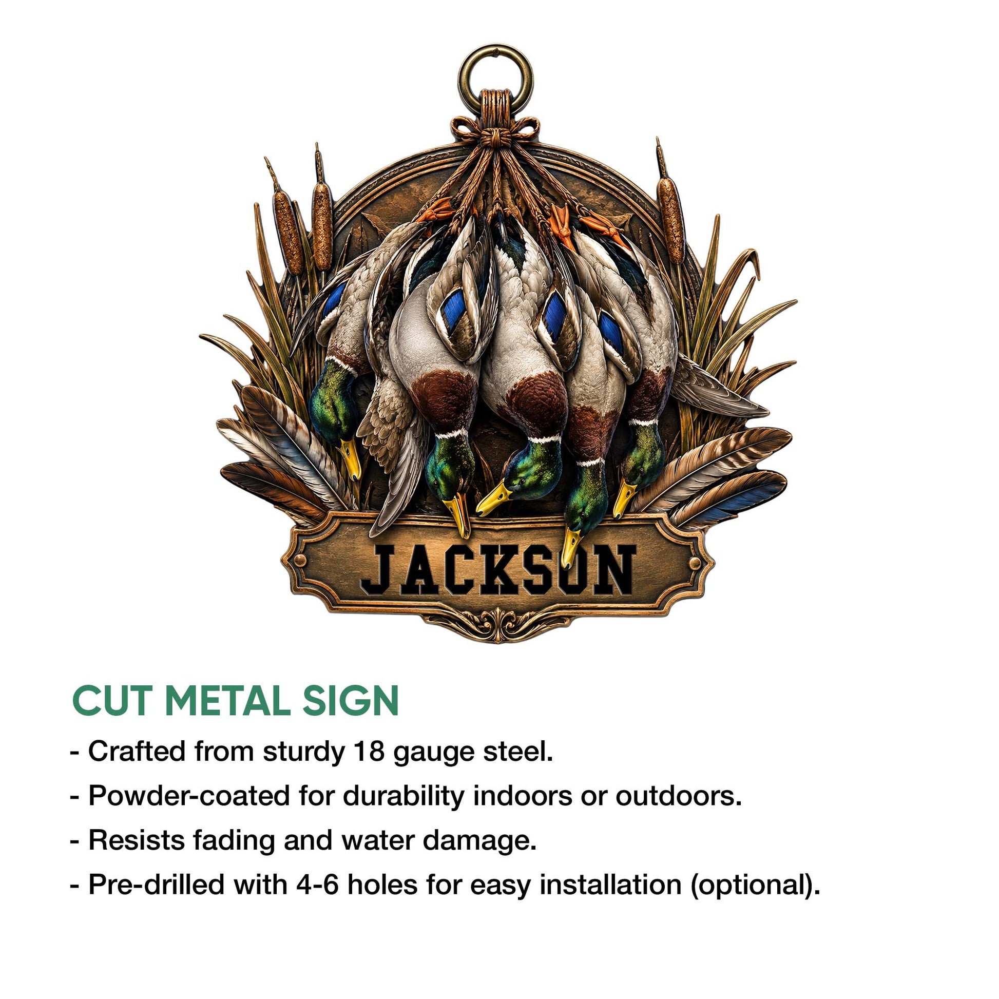 Duck hunting cut metal sign shown with its detailed mallard artwork and hanging wall display design