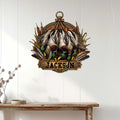 Duck hunting metal wall sign displayed on white paneled decor above a rustic console table