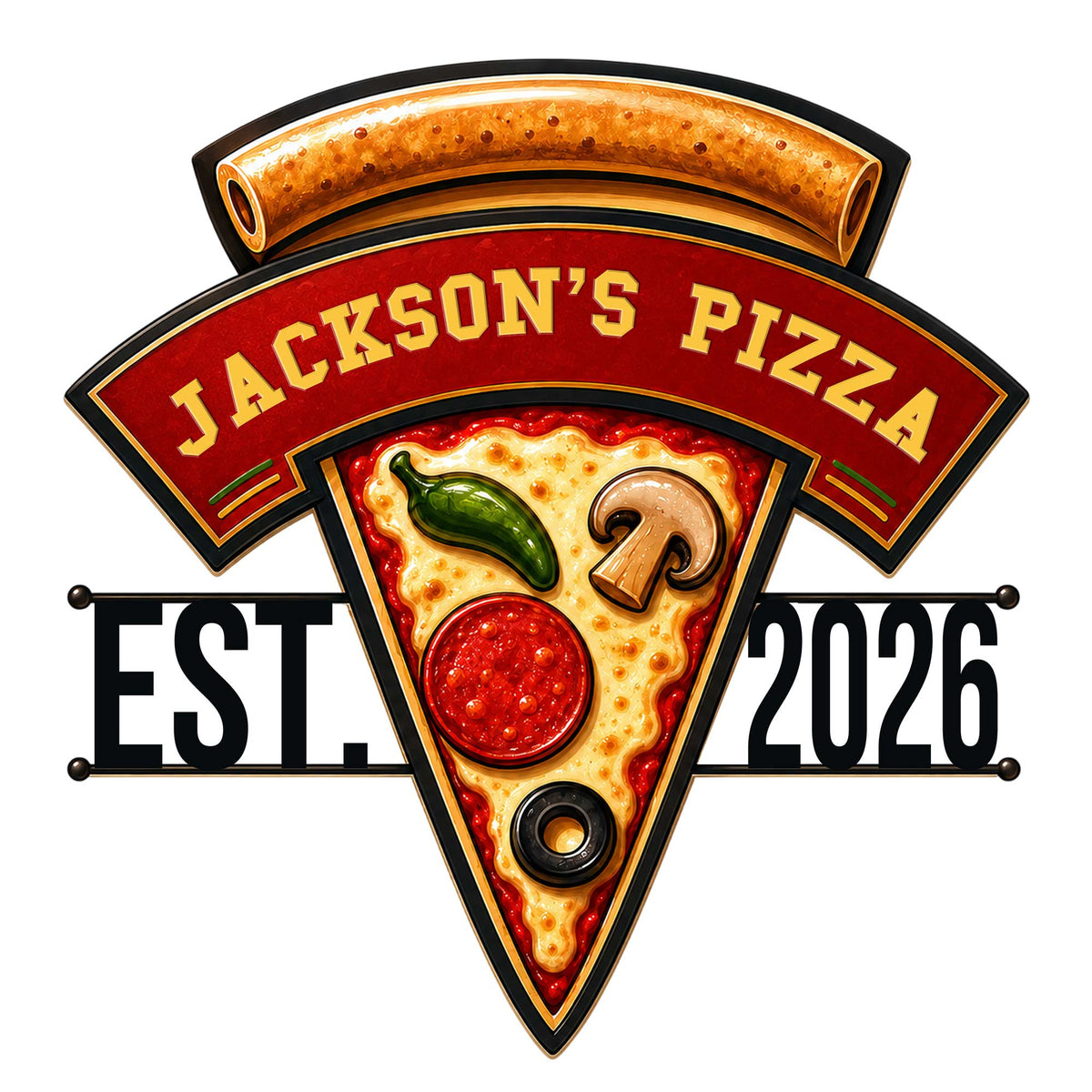 Custom pizza metal sign featuring a colorful pepperoni slice, mushrooms, peppers, and a bold pizzeria emblem