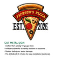 Pizza metal sign feature graphic showing the cutout silhouette and decorative pizzeria design