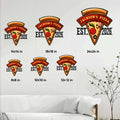 Pizza metal sign size guide showing six square size options from 8 by 8 to 24 by 24 inches