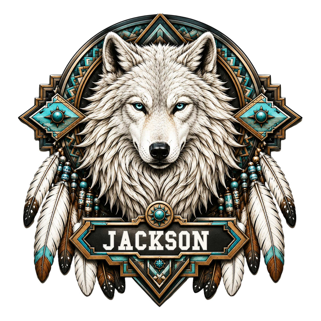Custom wolf metal sign featuring a white wolf portrait, turquoise geometric accents, and hanging feather details