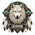 Custom wolf metal sign featuring a white wolf portrait, turquoise geometric accents, and hanging feather details