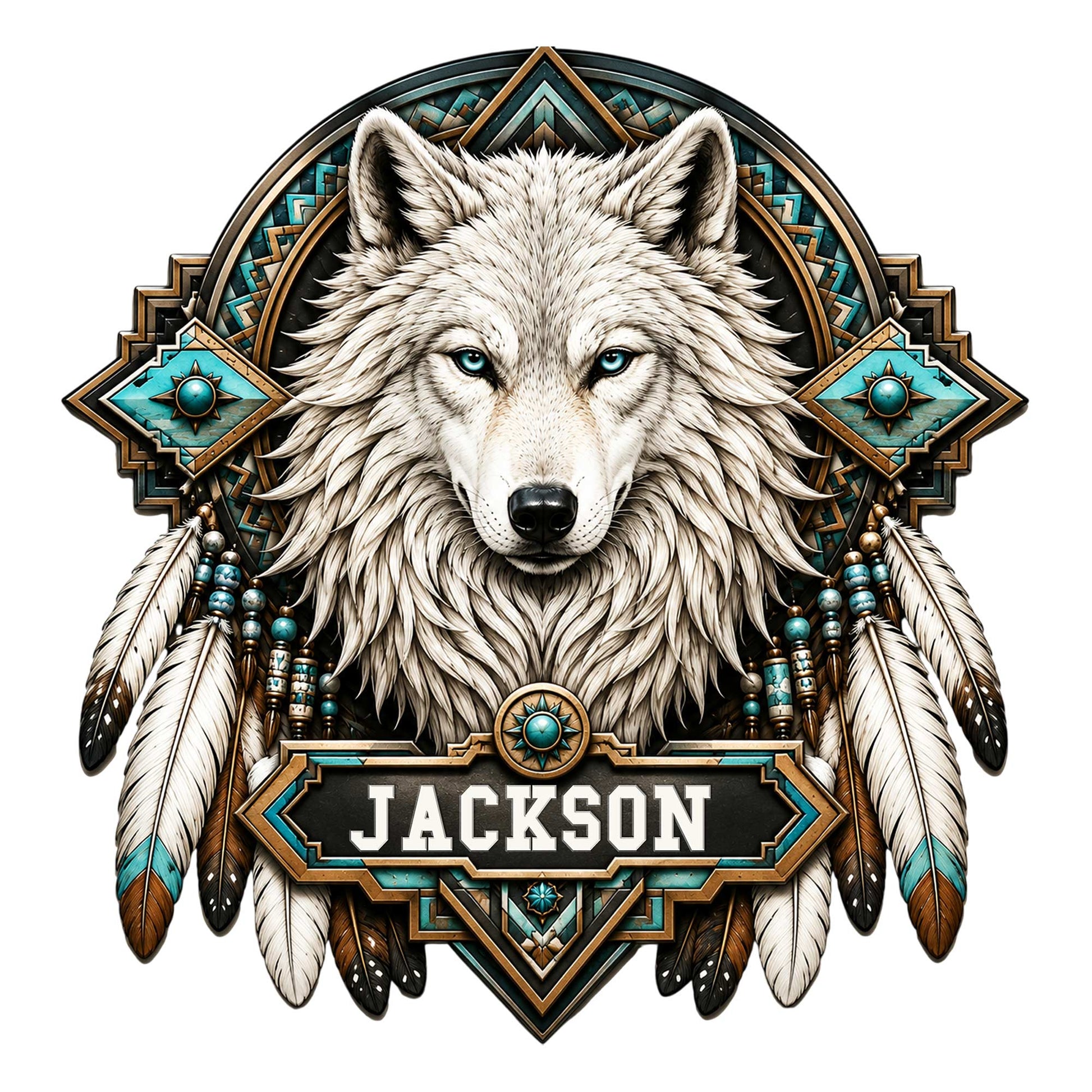 Custom wolf metal sign featuring a white wolf portrait, turquoise geometric accents, and hanging feather details