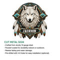 Wolf metal sign product graphic showing the detailed wolf artwork and available cut metal sign features