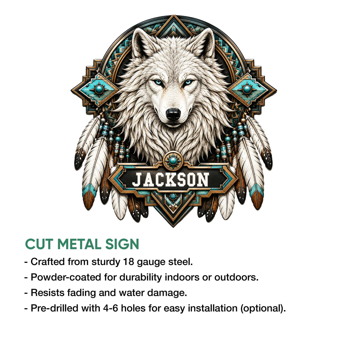 Wolf metal sign product graphic showing the detailed wolf artwork and available cut metal sign features