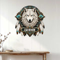 Wolf wall sign displayed on a light wood-paneled wall above a console table in a modern home