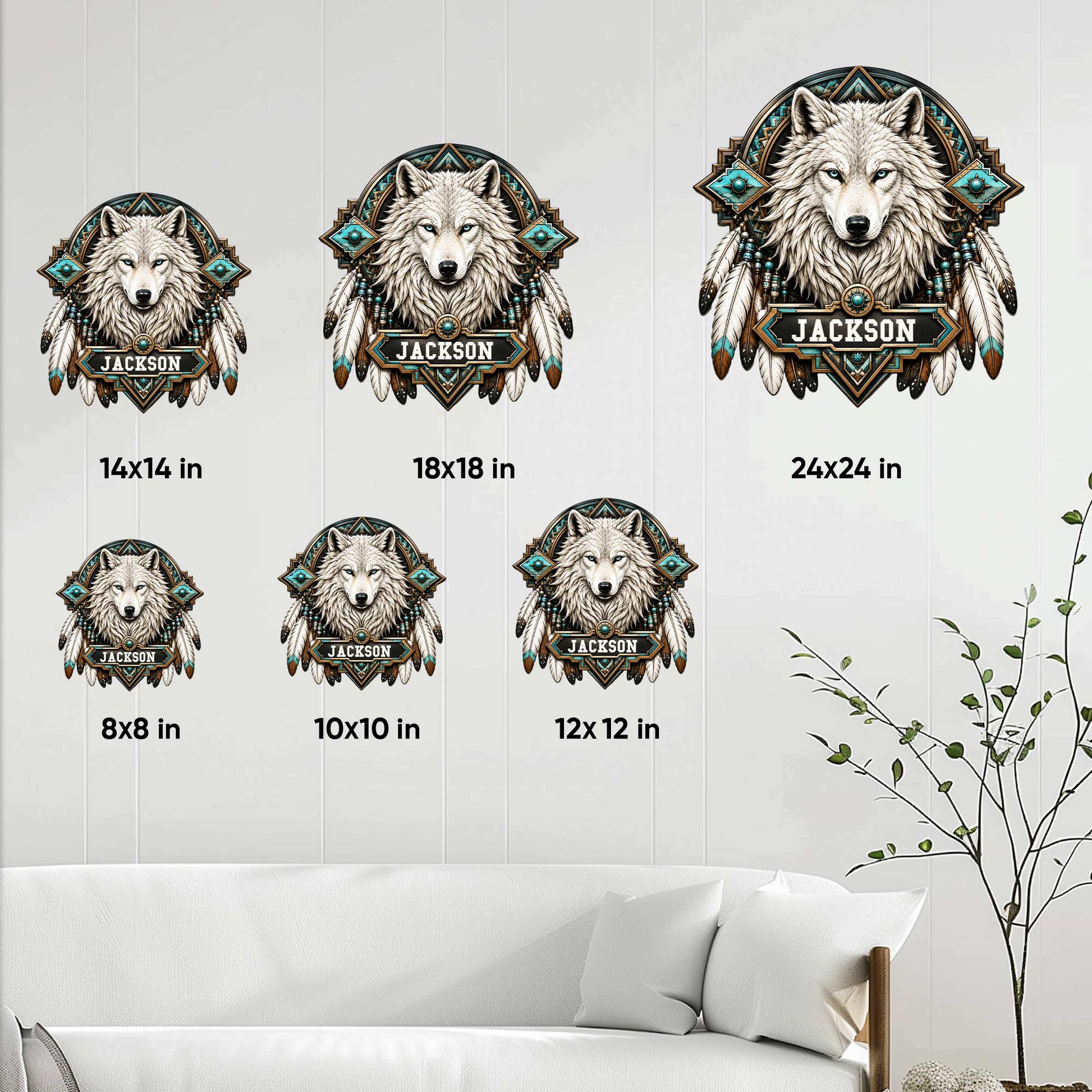 Wolf metal sign size guide showing six square size options from 8 by 8 to 24 by 24 inches