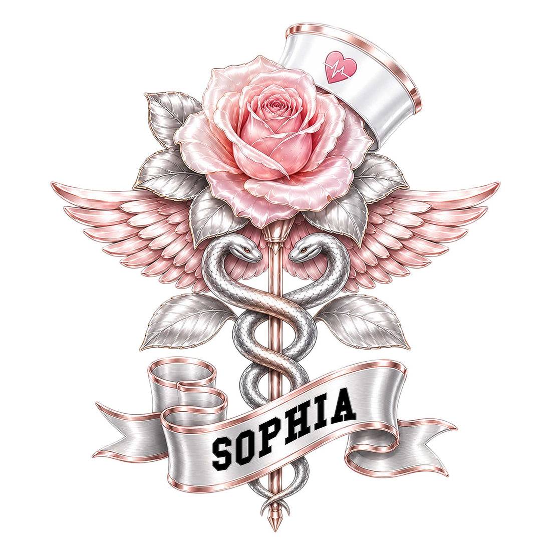 Nurse metal sign featuring a pink rose, winged medical emblem, nurse cap, and intertwined snakes