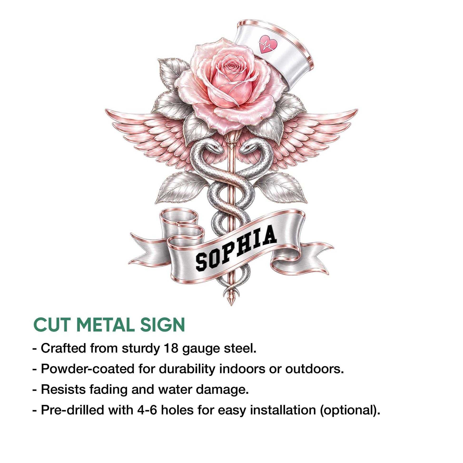 Cut metal nurse sign with a rose, wings, medical symbol, and ribbon-style central design