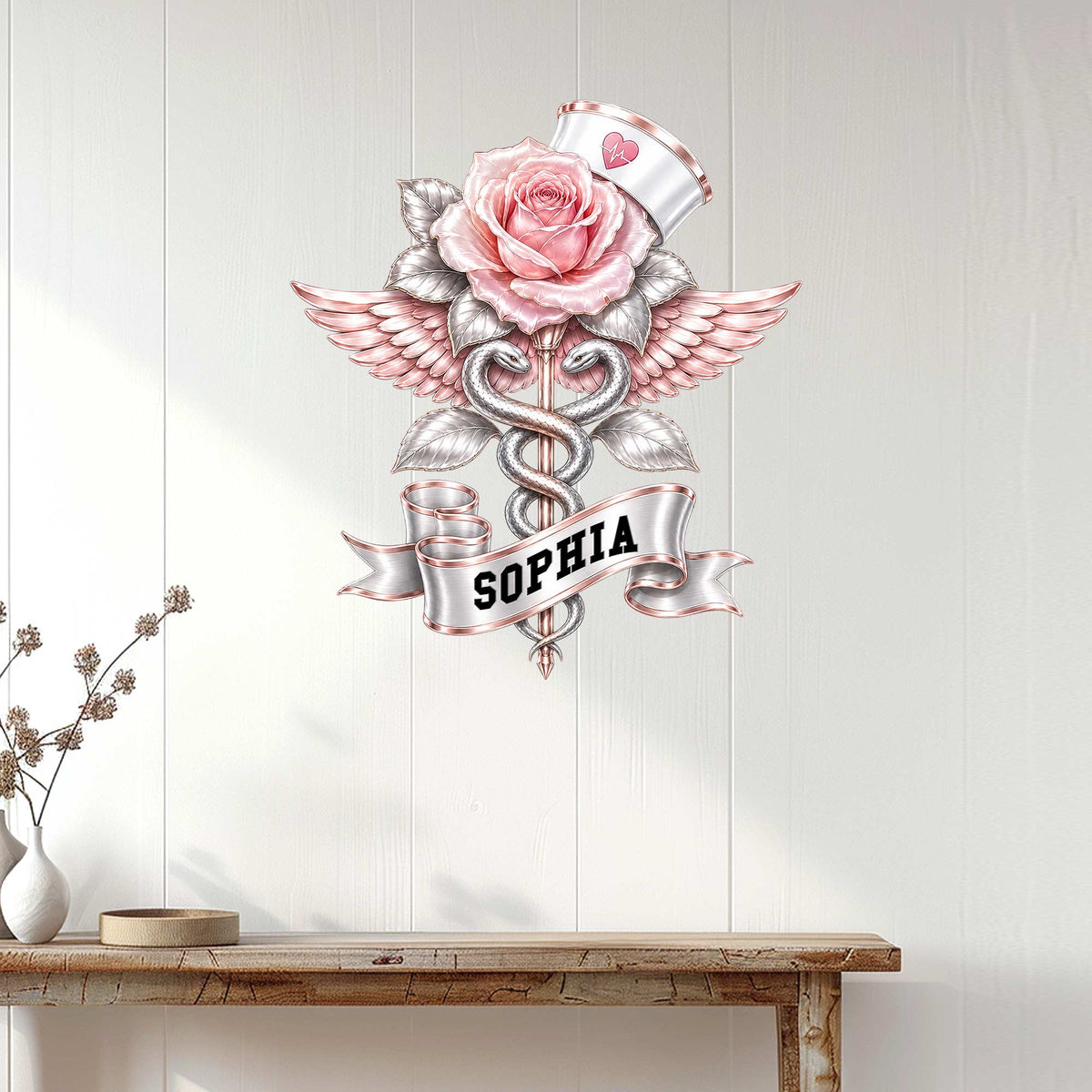 Nurse wall decor displayed above a console table in a bright, modern home interior