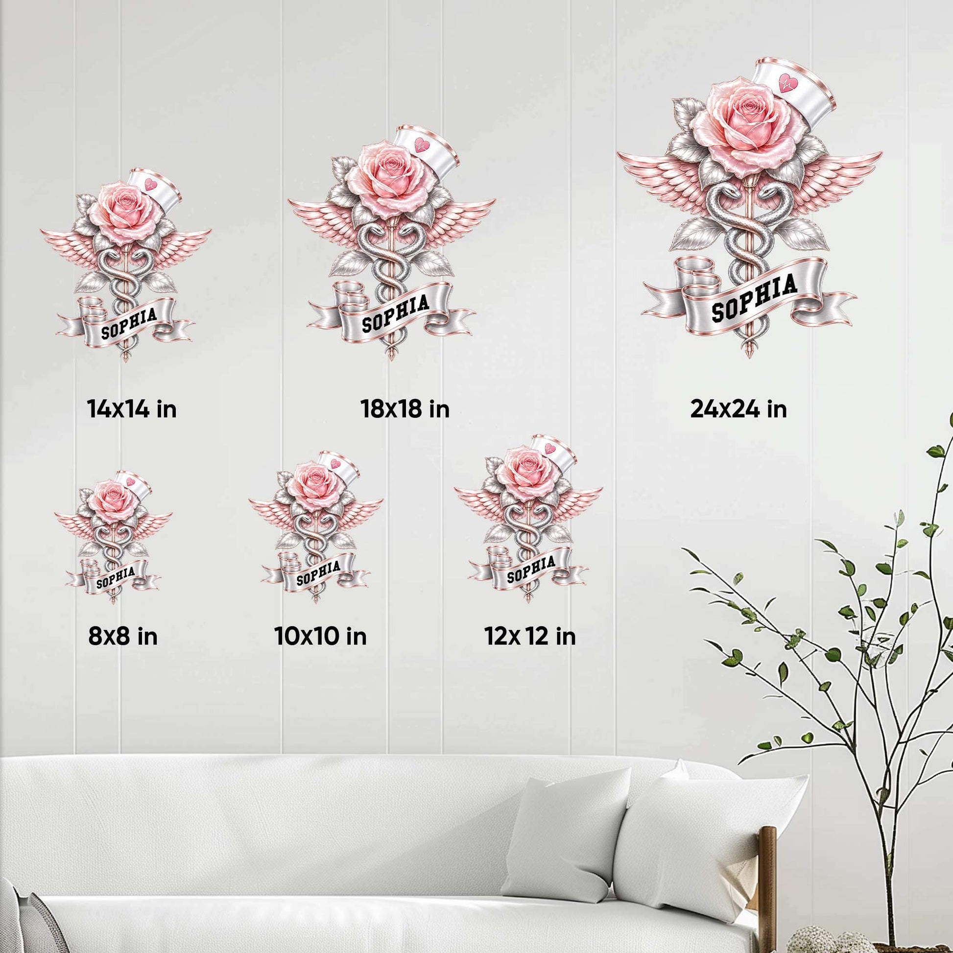 Nurse metal sign size guide showing available square sizes from 8x8 to 24x24 inches