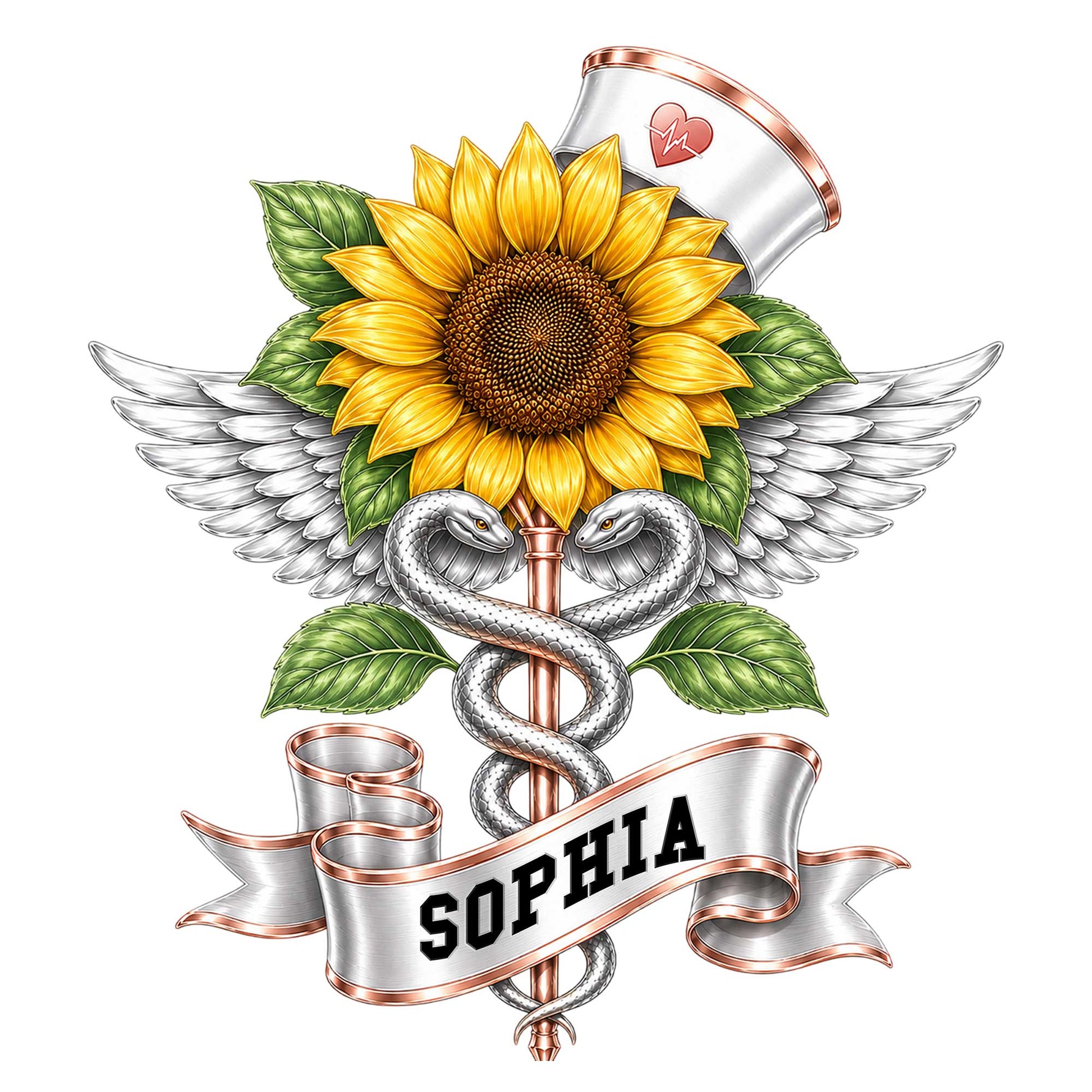 Custom nurse metal sign featuring a sunflower, medical caduceus symbol, wings, and nurse cap artwork