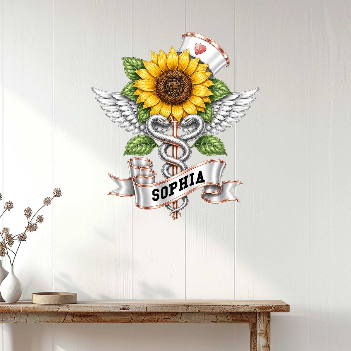 Nurse metal wall decor displayed on a light wood wall above a console table in a bright home interior