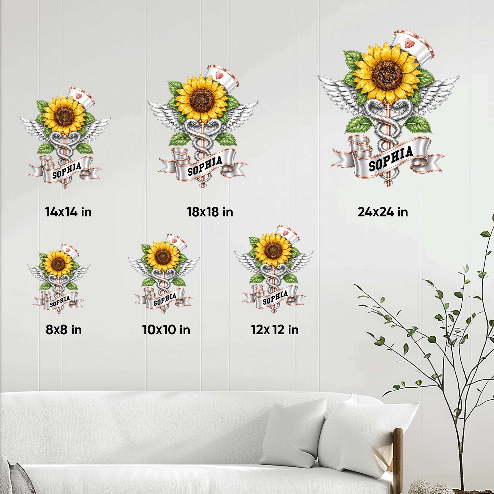 Nurse metal sign size guide showing available square sizes from 8x8 inches through 24x24 inches