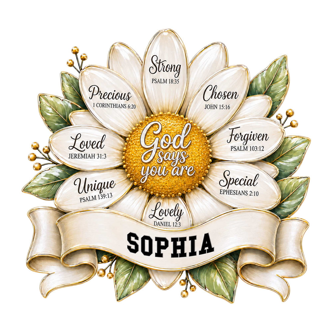 Christian sunflower metal sign with Bible-inspired affirmations, golden center, white petals, green leaves, and ribbon